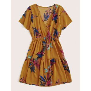 Mustard Floral Wrap-Front Women's Dress